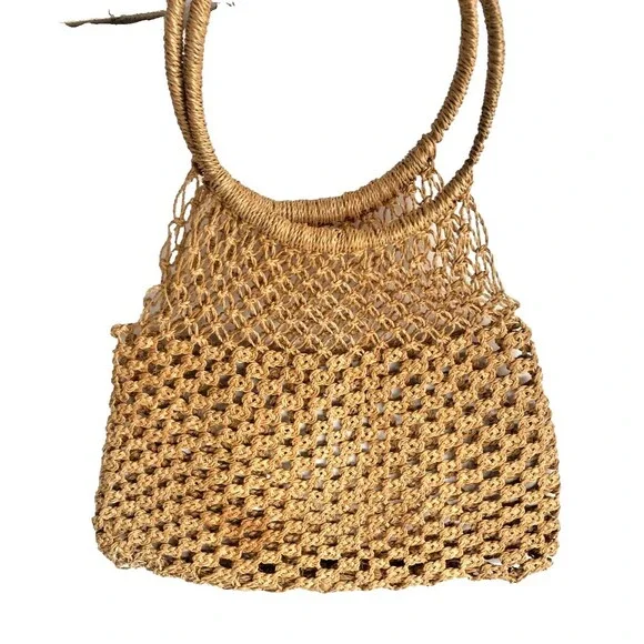 MANGO Shopper Bag Crochet Mesh Net Braided Jute Tote XL Handbag Brown Ltd Editio - Picture 14 of 14